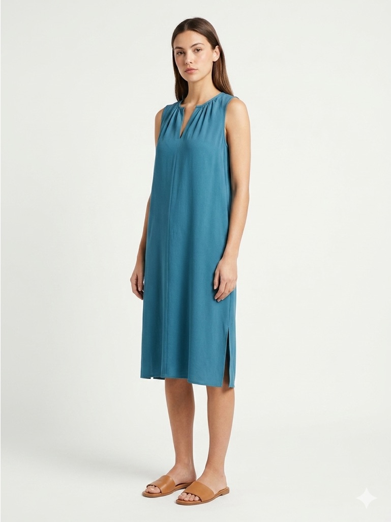 Eileen Fisher Sleeveless Midi Dress Split Neck Tencel Viscose Teal Blue Small